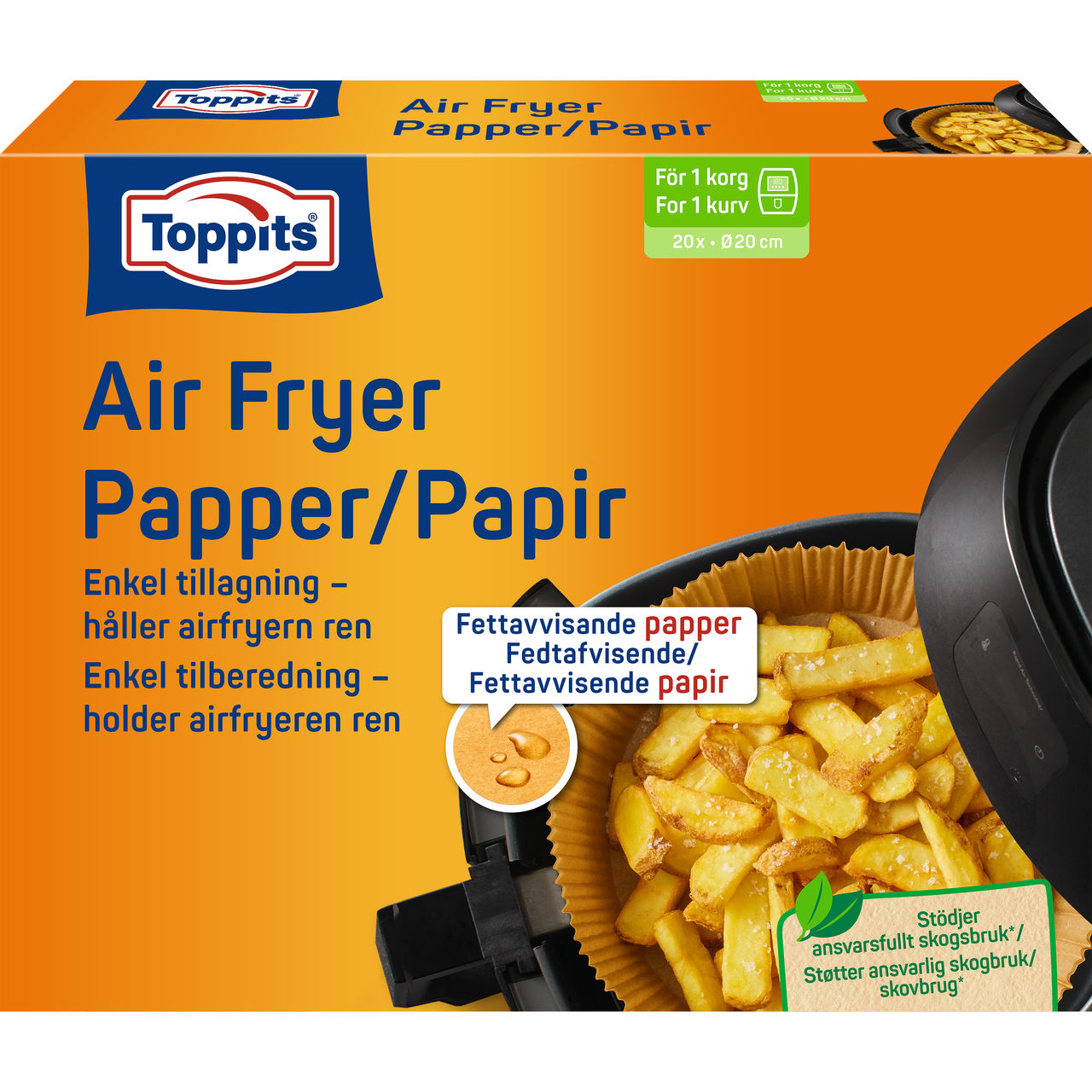 Forsiden af Toppits® AirFryer bagepapir emballage med produktbillede og brugsanvisning