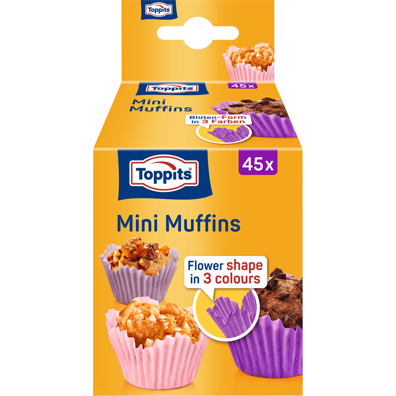 Emballage af Toppits® Mini Muffins papirforme, 45 stk., med farverigt design