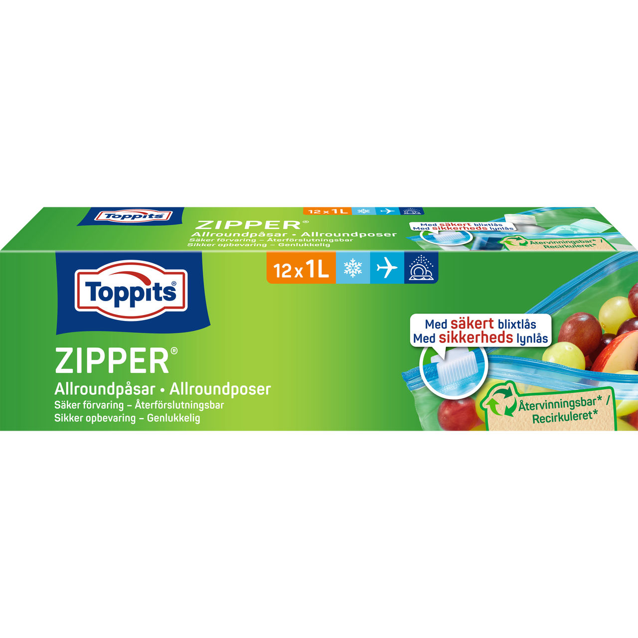 Pakke med Toppits® Zipper® poser, størrelse 12x1L, produktbillede på hvid baggrund