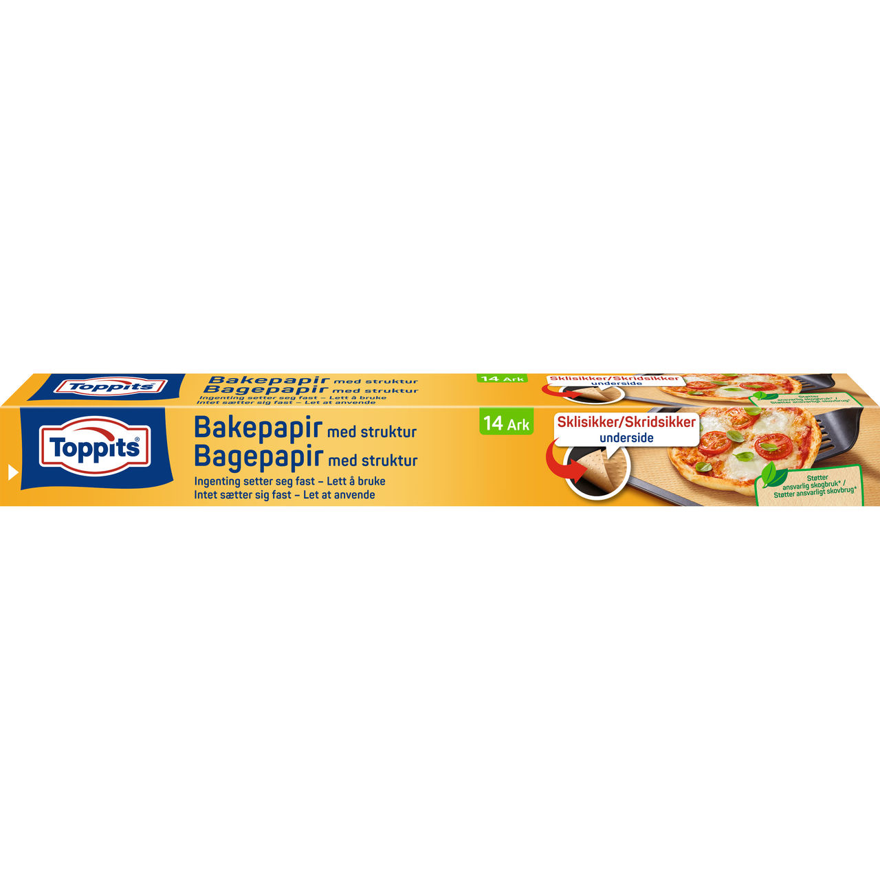 Forsiden af Toppits® Non Stick bagepapirsrulle, 14 bageark, med produktbillede