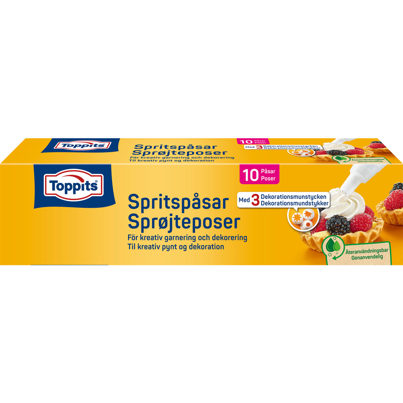 Forsiden af Toppits® sprøjteposer emballage, 10 stk., med produktinformation