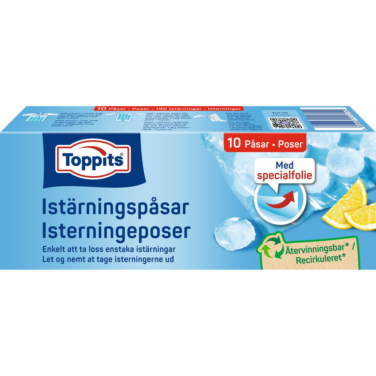 Emballage af Toppits® IceCubeBags, 10 poser, med produktinformation