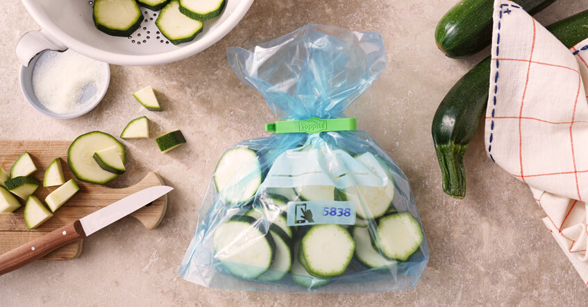Geschnittene Zucchini sind in einem Toppits Gefrierbeutel mit Clip sicher verpackt.